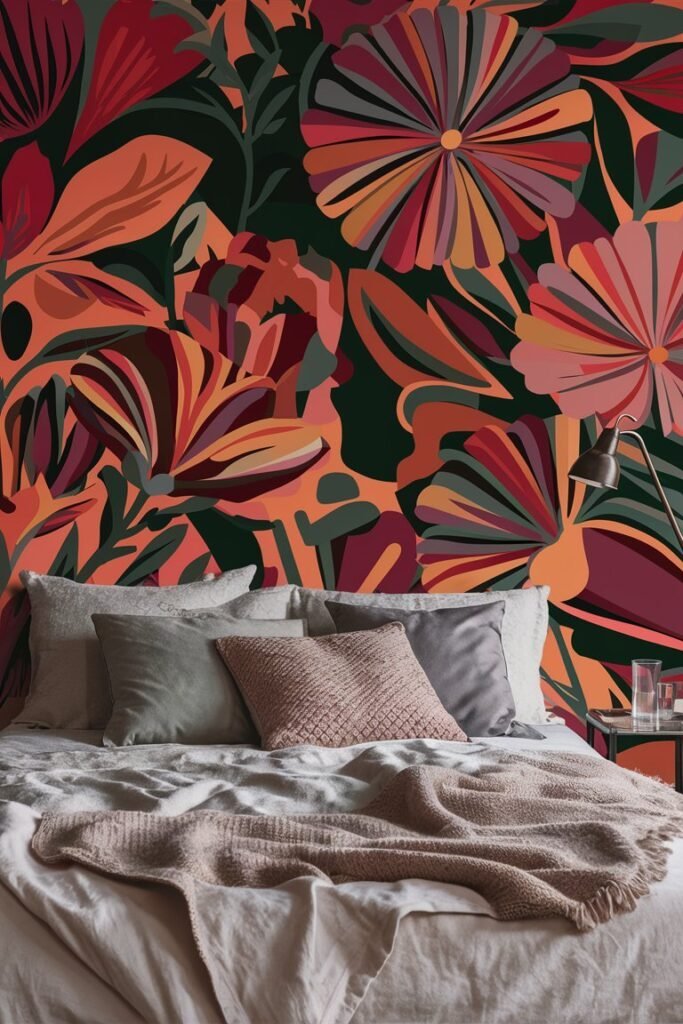 Textured wallpaper accent wall in a cozy bedroom