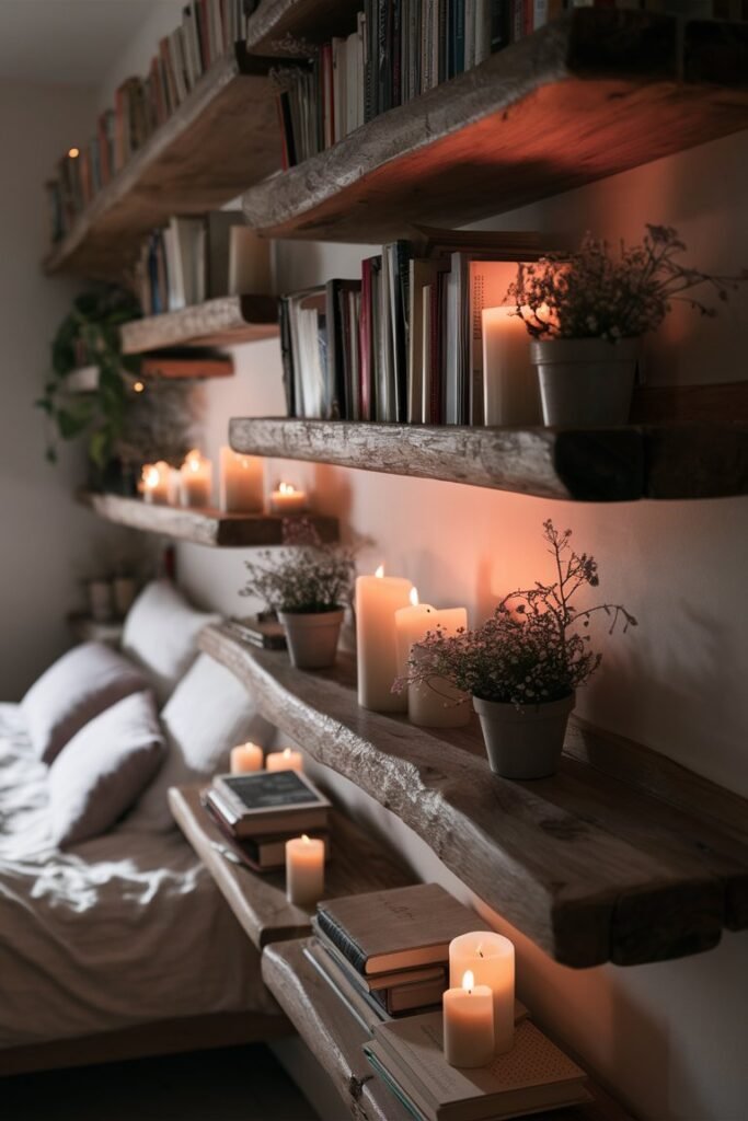 Floating shelves styled with books, plants and decor in a bedroom