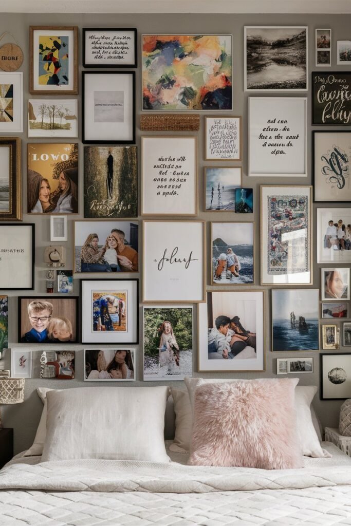 Gallery wall of mixed framed art and photos above a bedroom bed