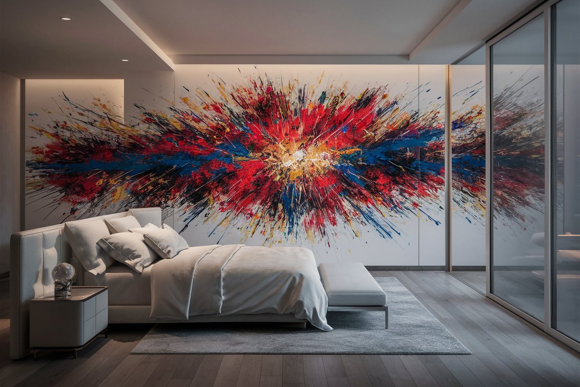 Bedroom with a dramatic oversized abstract art mural behind the bed