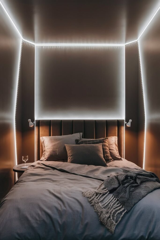 LED light strips creating mood lighting behind a bedroom headboard