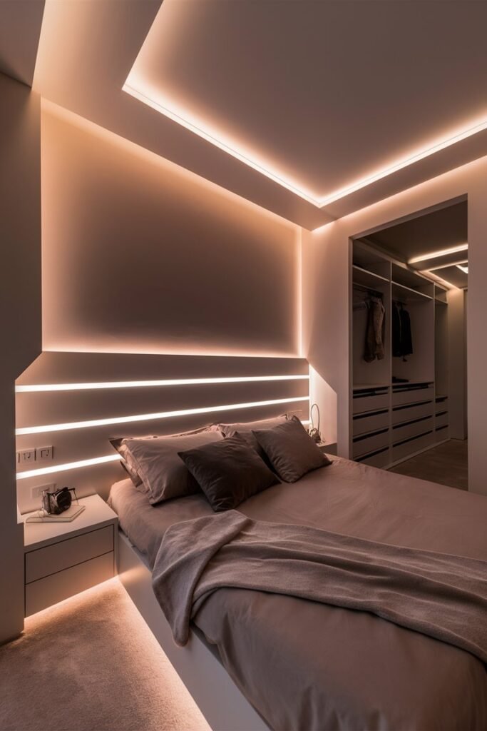 Modern bedroom with LED accent lighting along the ceiling line