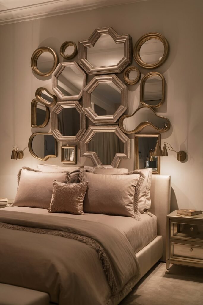 Cluster of framed mirrors in varied shapes above a bedroom headboard