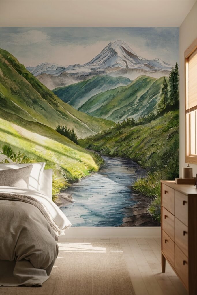 Large wall mural as a dramatic statement piece in a bedroom