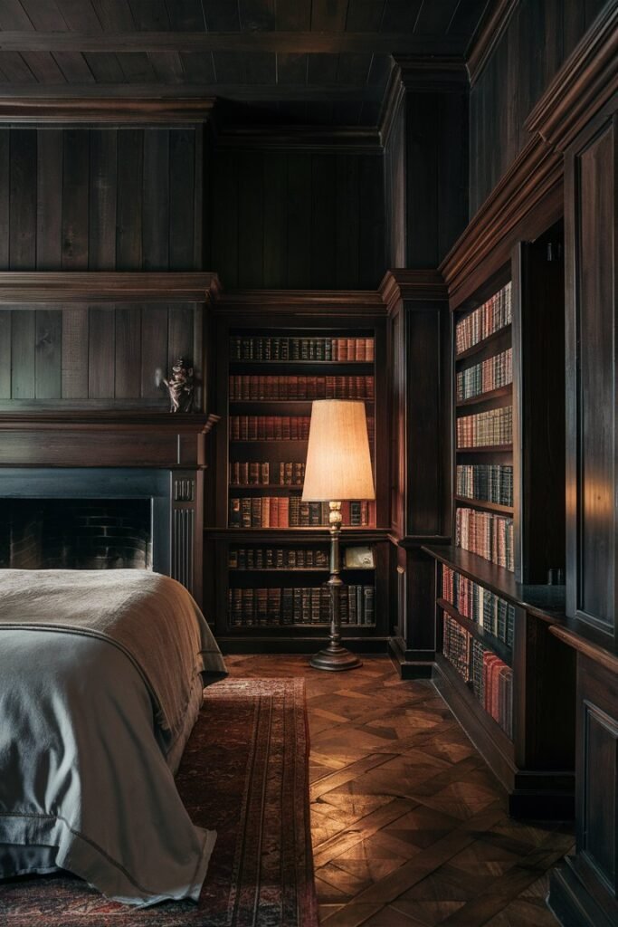 Dark wood paneled accent wall in a warm, inviting bedroom