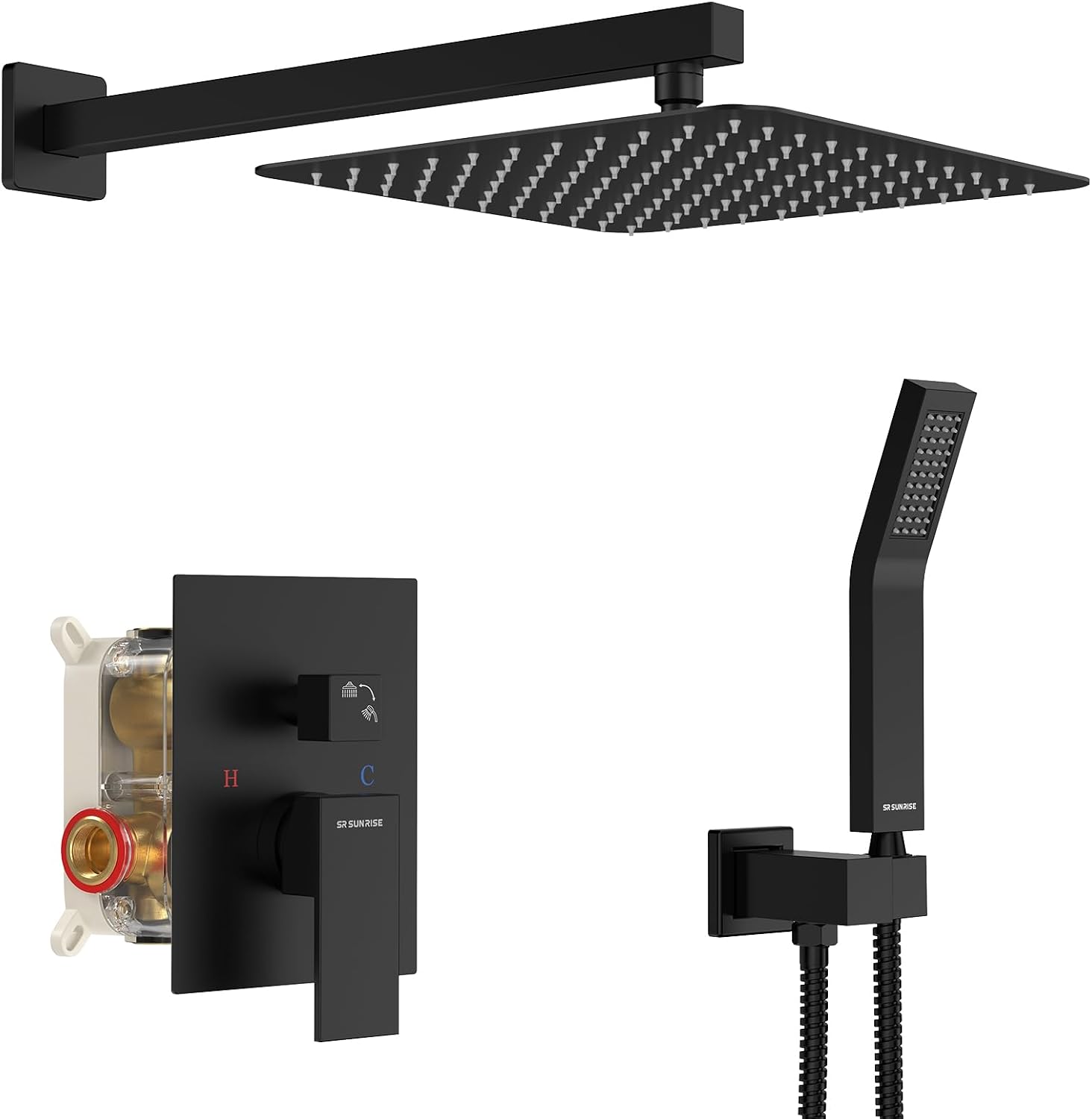 SR SUN RISE Shower Faucet Set 10-Inch Rainfall Shower Head Matte Black
