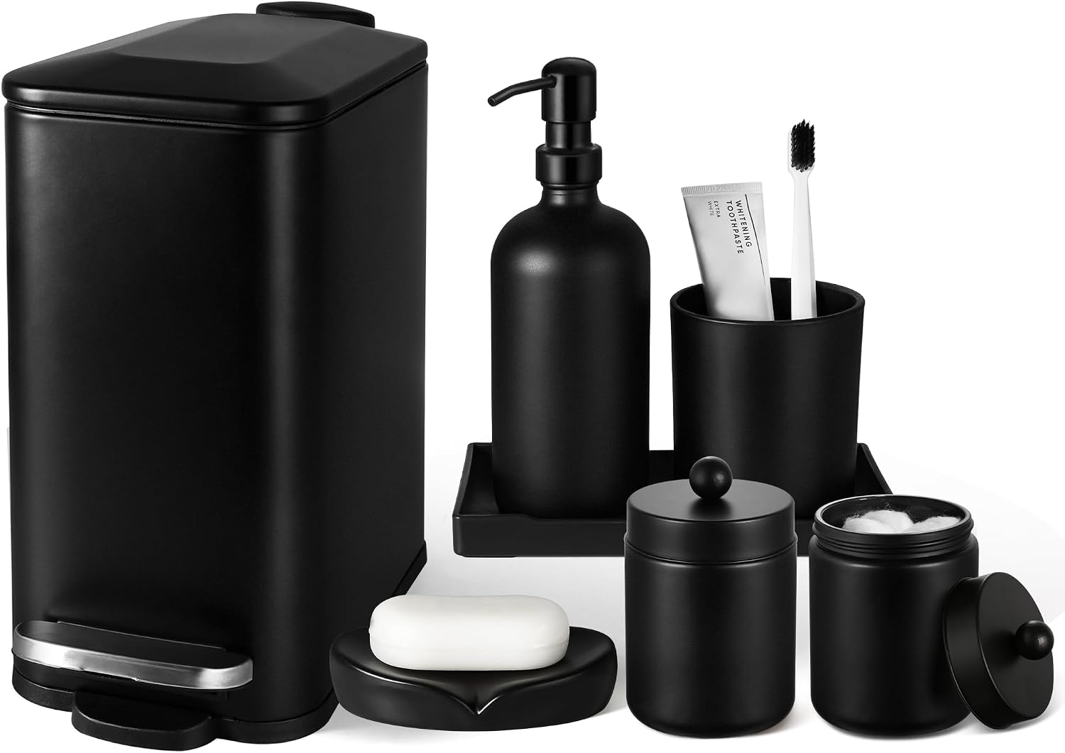 7 Pcs Matte Black Bathroom Accessory Set with Trash Can, Soap Dispenser and Tray