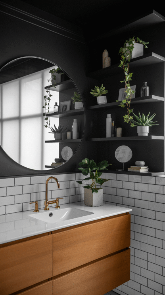 White and black contrast balancing a bold bathroom color scheme