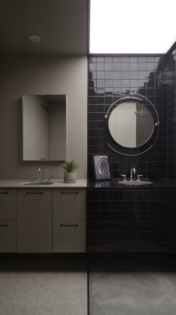 Matte and glossy black finishes creating different bathroom moods