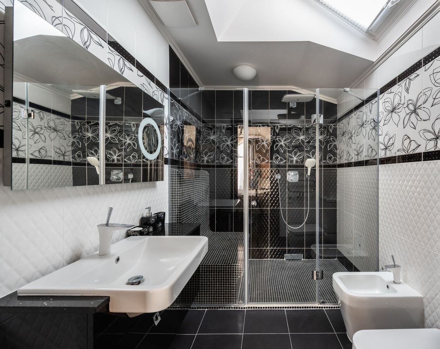 Striking black bathroom decor transforming a full bathroom