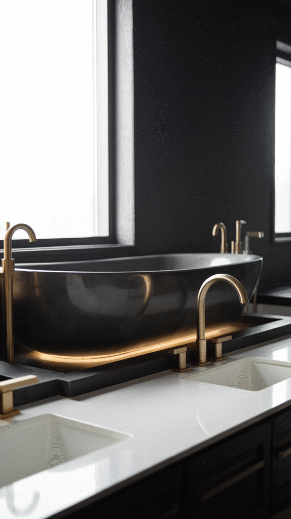 Dramatic black bathroom styling that photographs beautifully