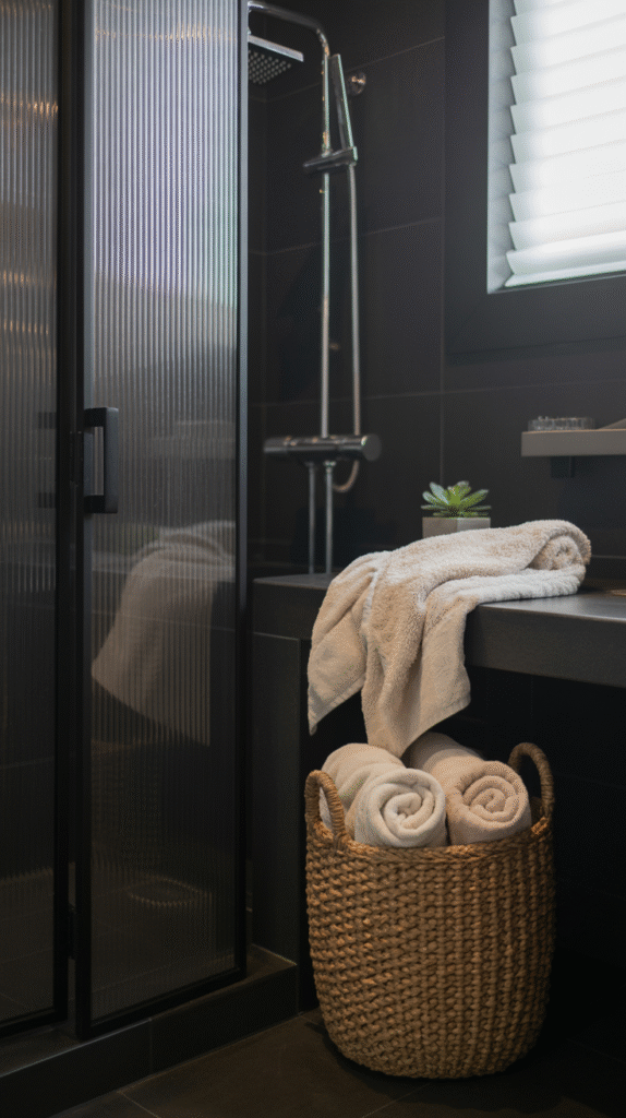 Woven texture adding dimension to an all-black bathroom scheme