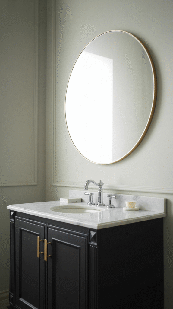 A black vanity serving as a full bathroom's natural focal point