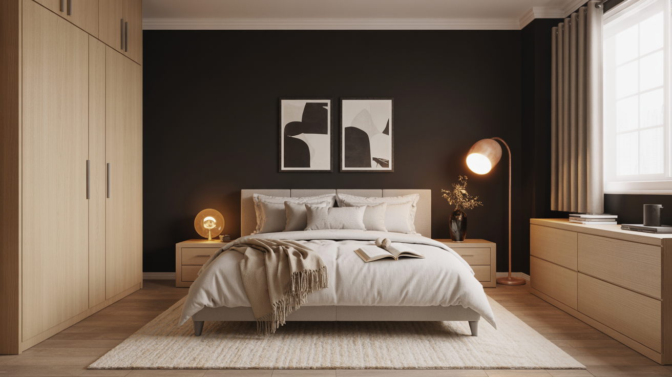 Bold black bedroom with layered textures and warm accents