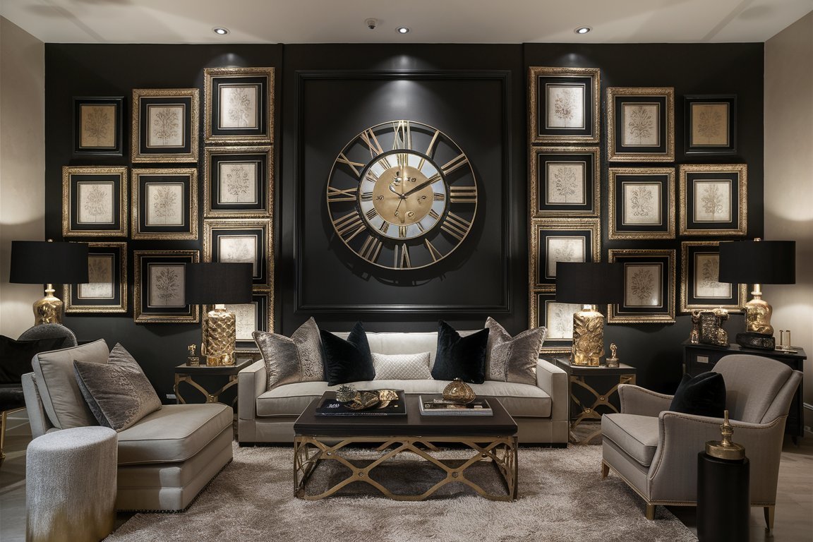 Luxurious black and gold gallery wall styled behind a sofa with a statement clock