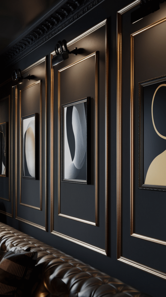 Gallery wall layout mockup showing frame spacing and arrangement on a dark wall