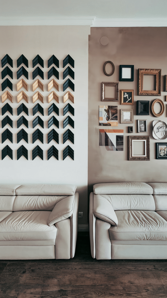Gold sculptural wall art and a mirror styled among framed prints