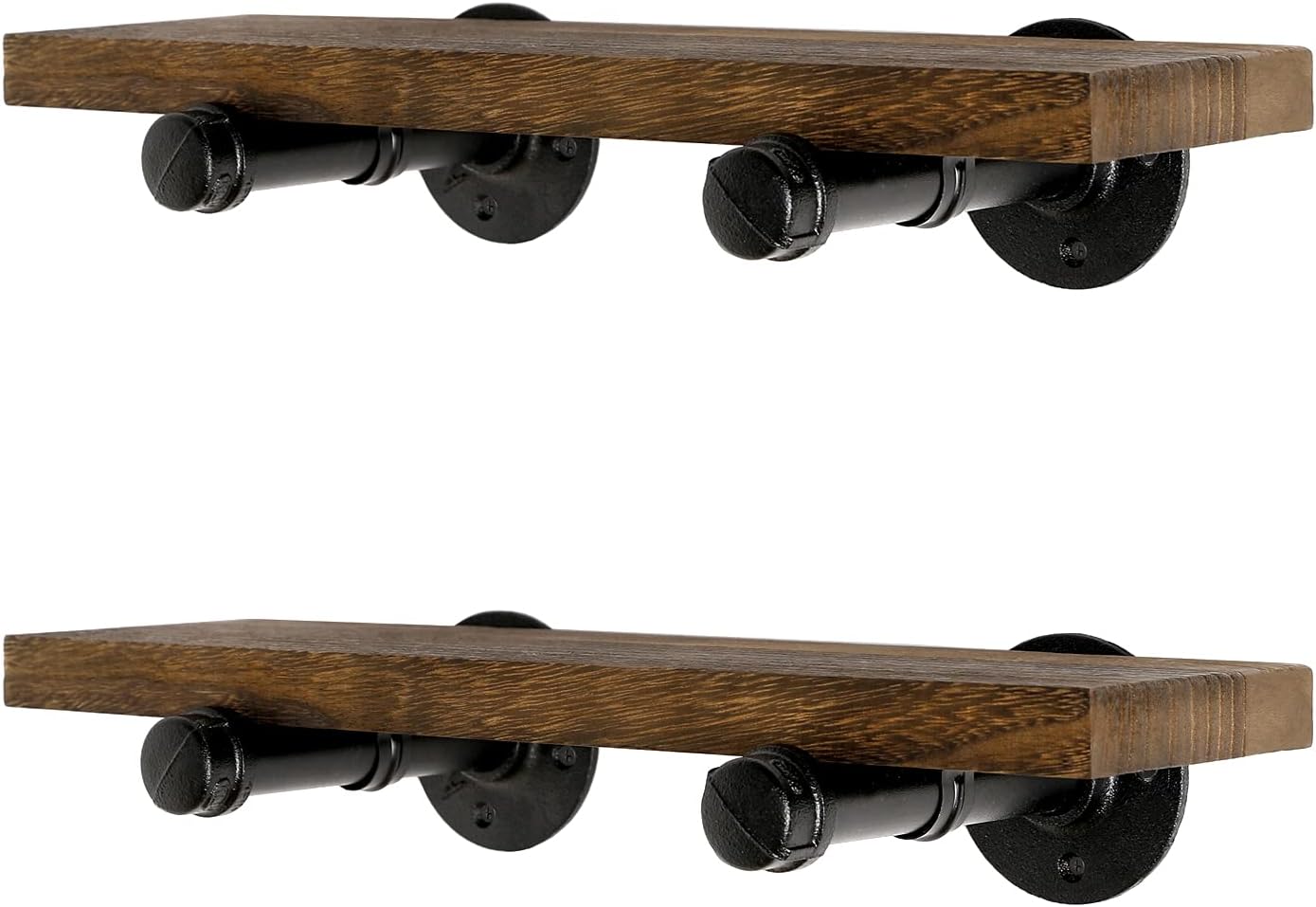 Wall Mounted Floating Shelves with Industrial Pipe Brackets, Set of 2, Rustic Wood