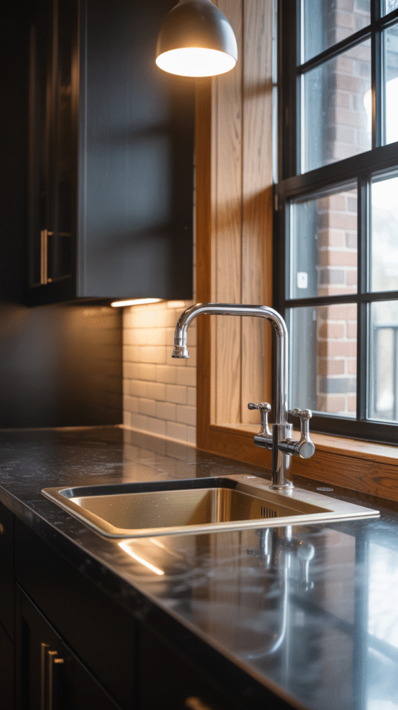 Black kitchen balanced with bright contrasting elements