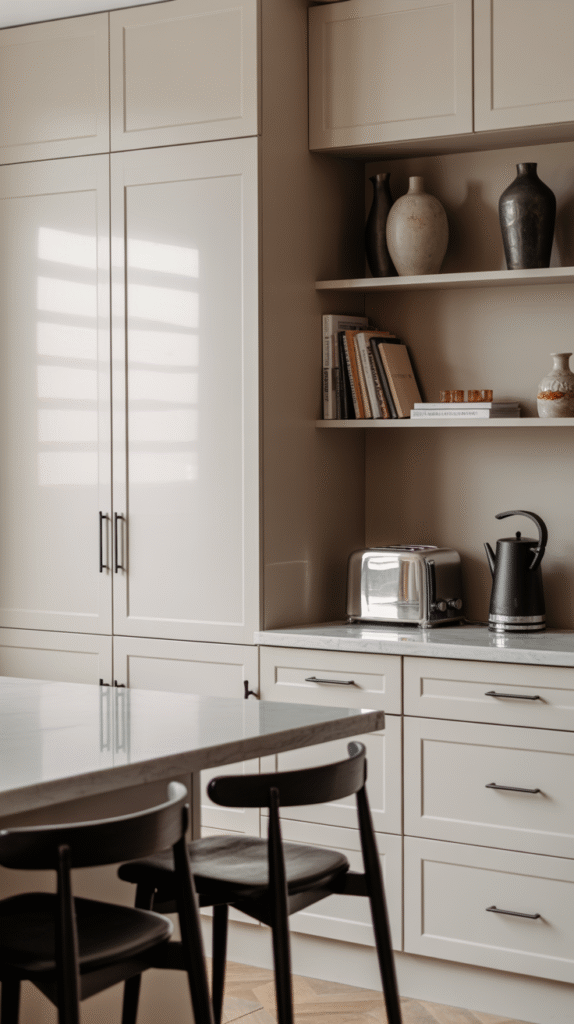 Black kitchen accessories reinforcing the room's bold color palette
