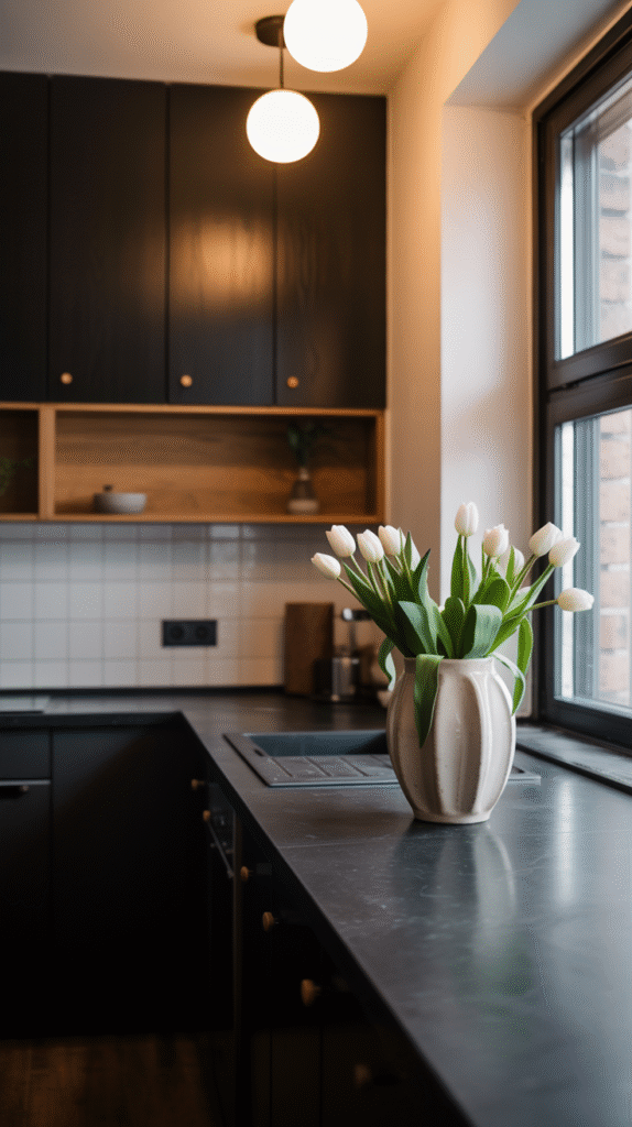 Black countertop pairing seamlessly with dark kitchen cabinetry