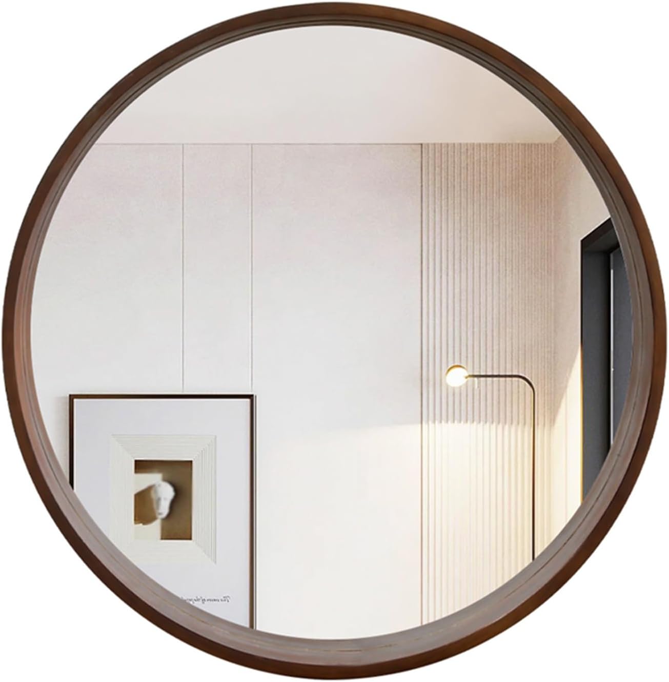 Round Wood Frame Mirror, Bathroom Vanity Mirror with Storage Shelf