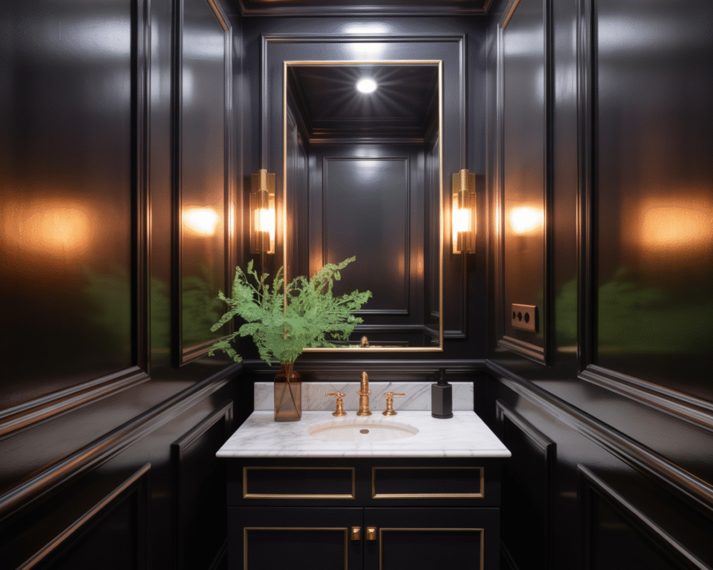 Elegant black powder room with striking contrast and bold finishes