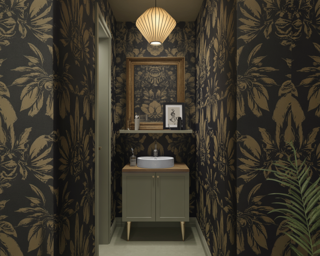 Black patterned wallpaper creating depth in a powder room