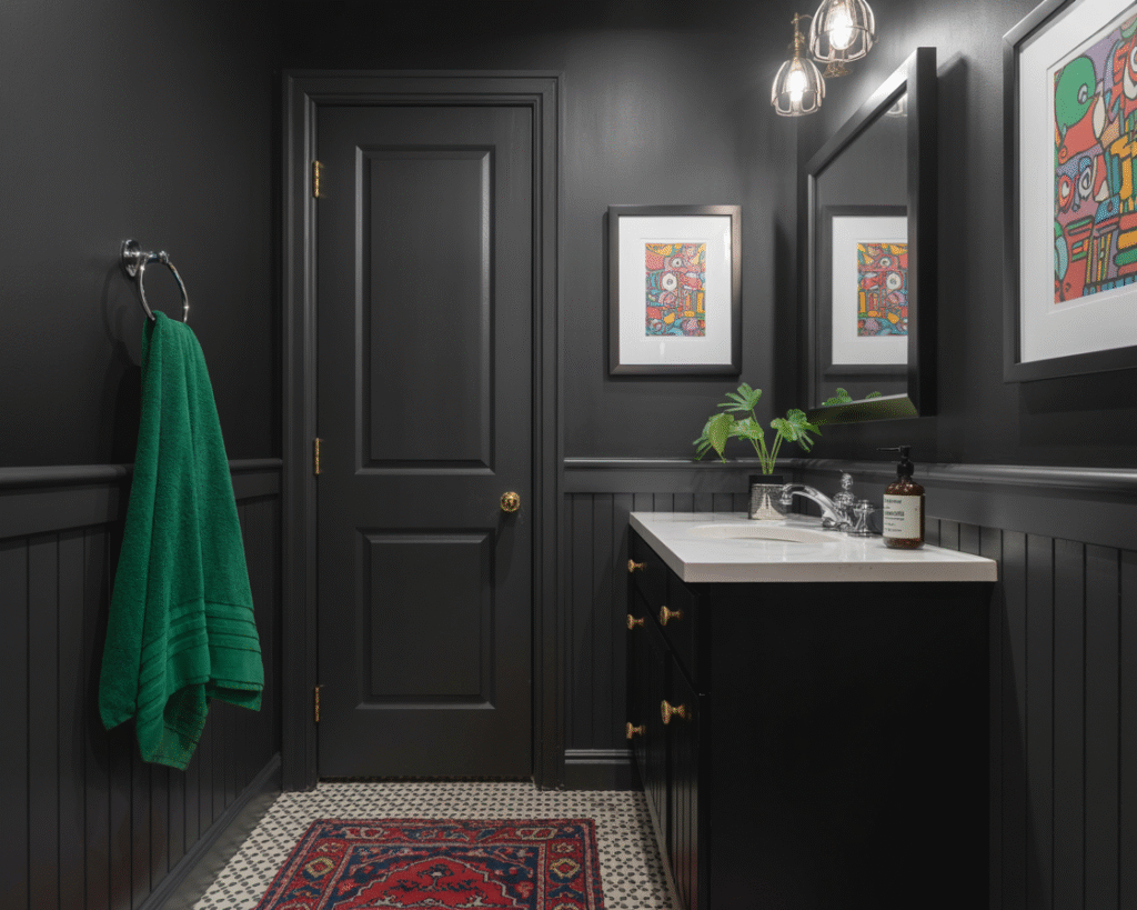Black powder room featuring a vibrant pop of color accent