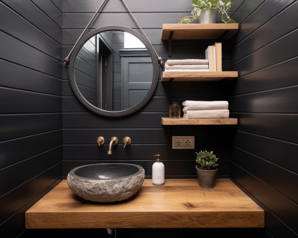 Black powder room featuring warm wood vanity and shelving elements