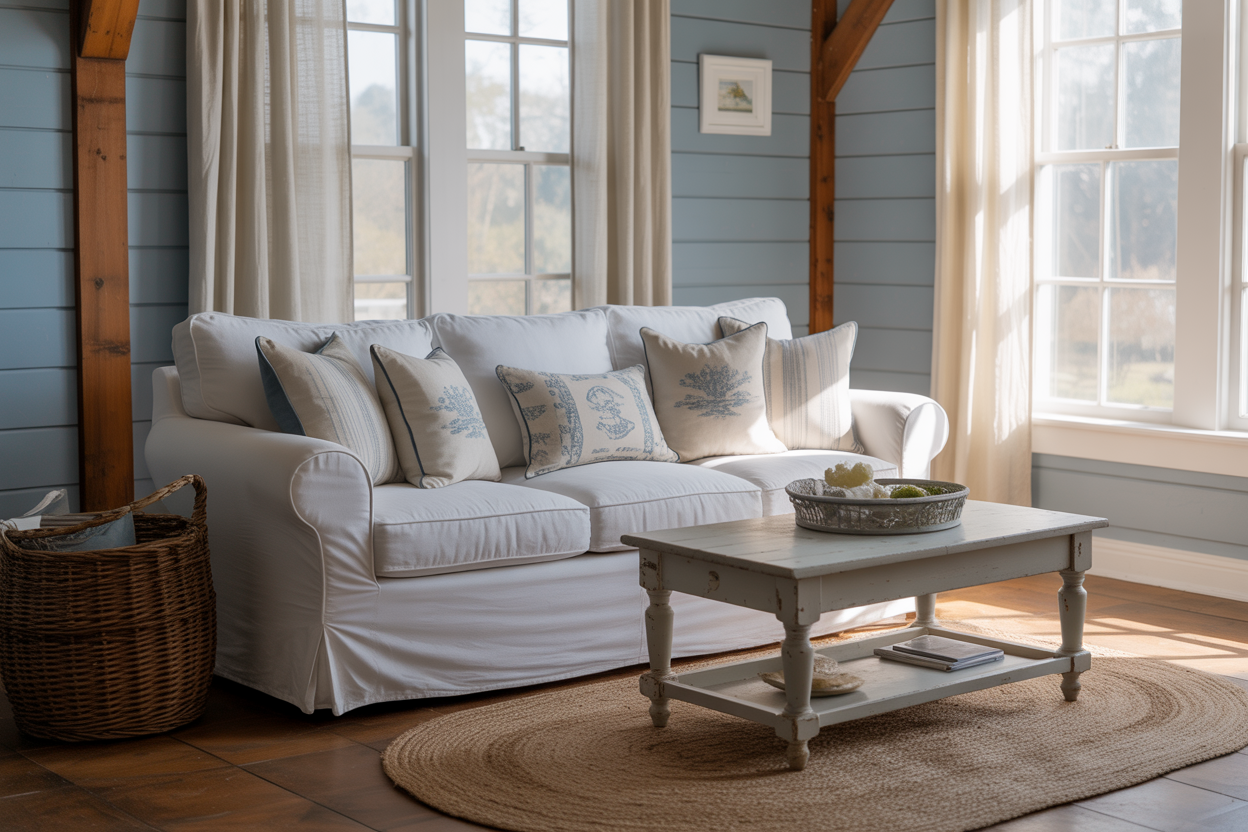 Relaxing blue farmhouse living room with cozy, coastal touches