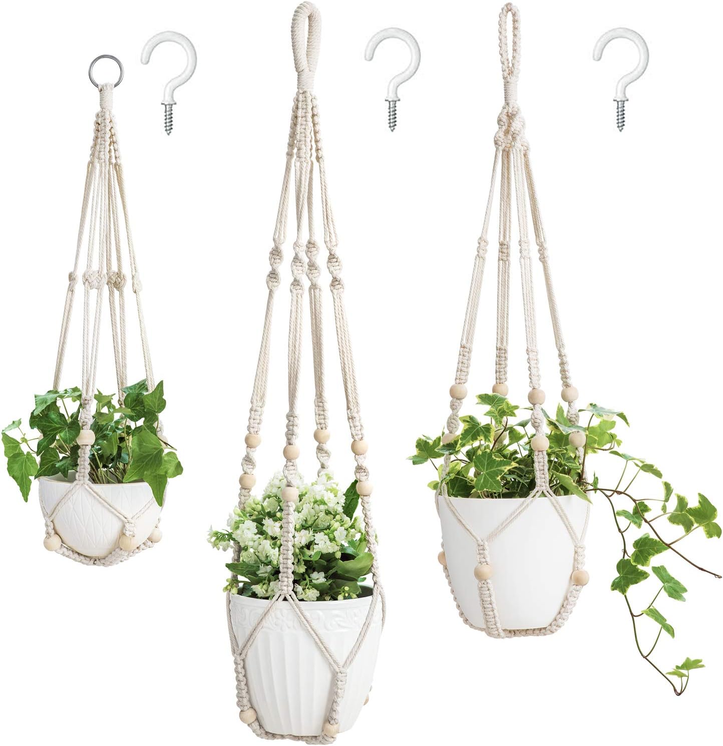 Mkono Macrame Plant Hangers, Ivory, 3 Pack