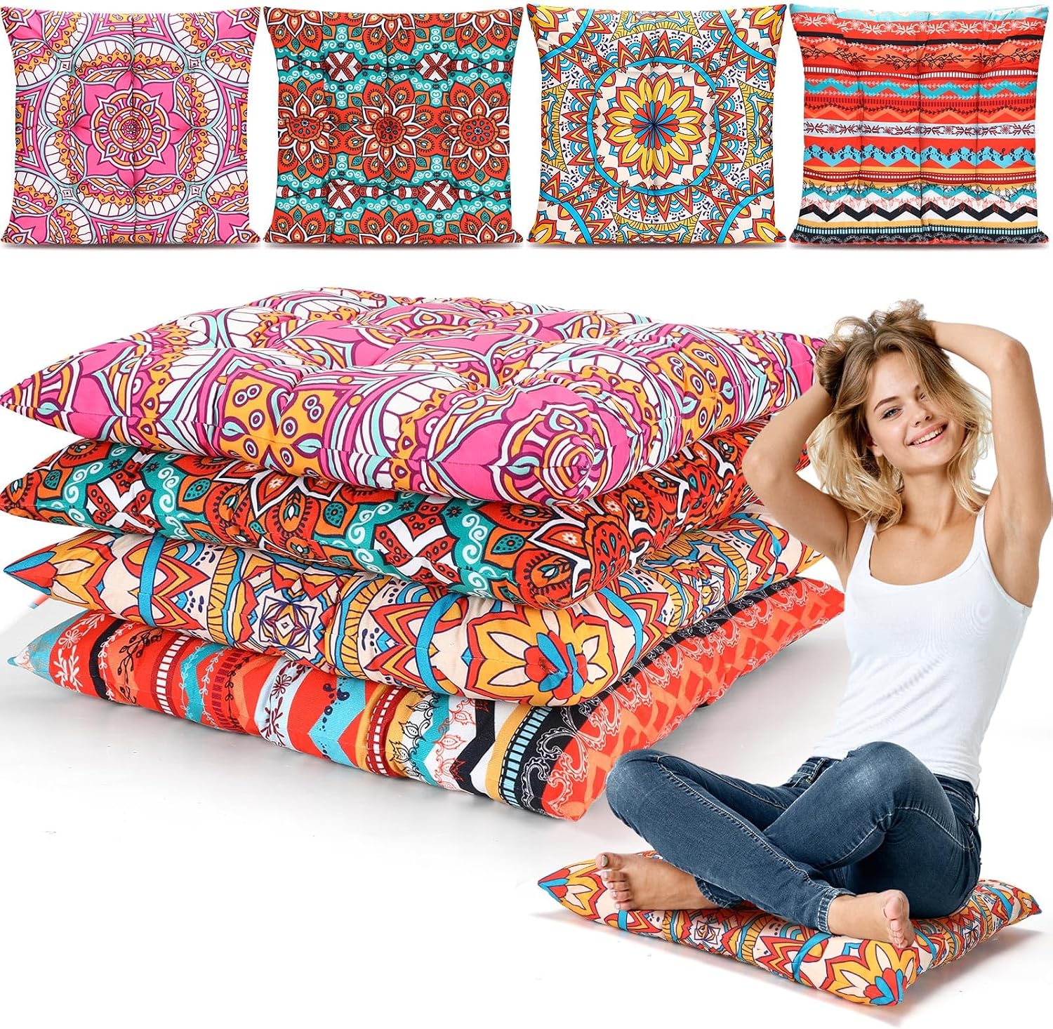 Nuogo Large Boho Floor Pillows, 22 Inch, 4 Pack