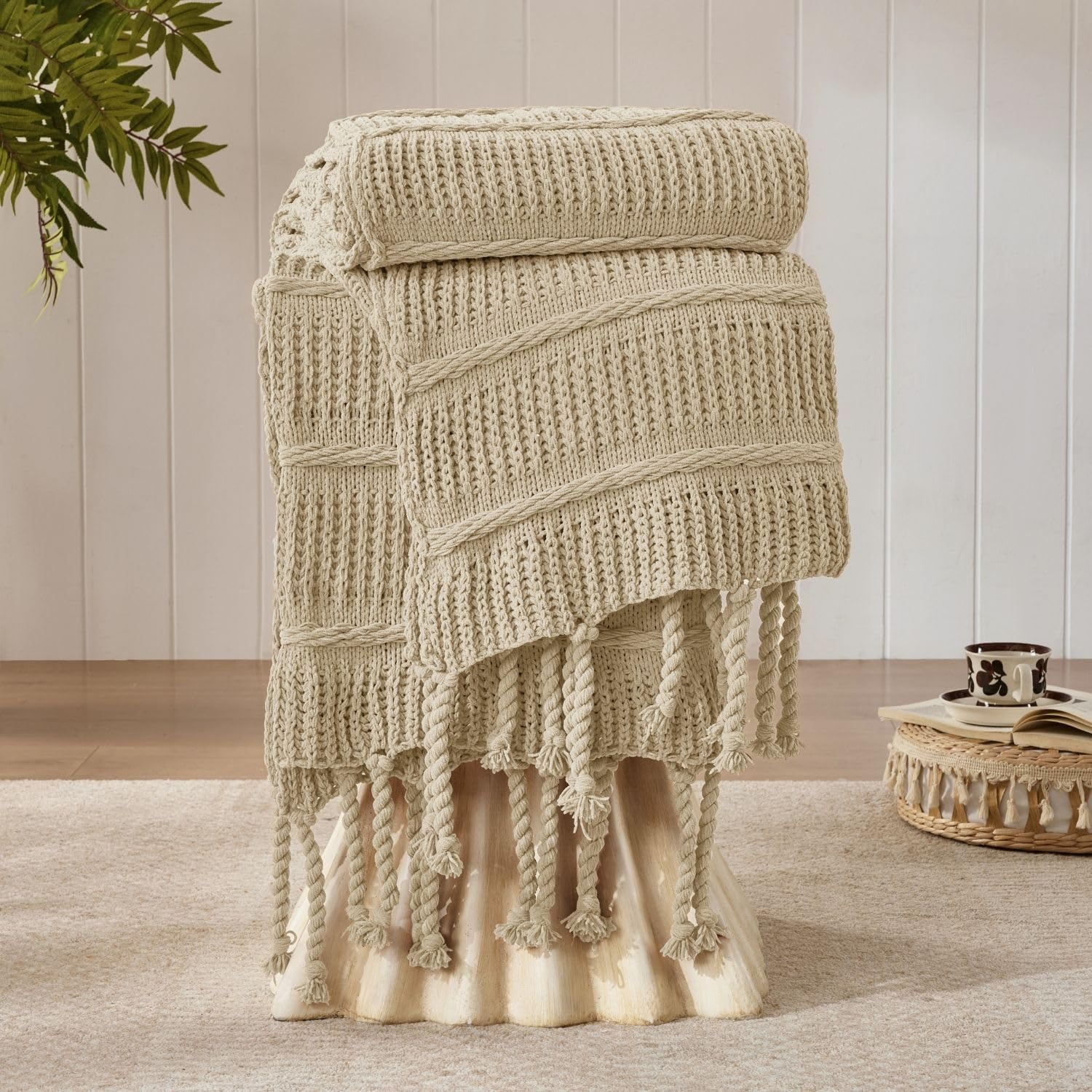 Boho Knitted Chenille Throw Blanket with Tassels