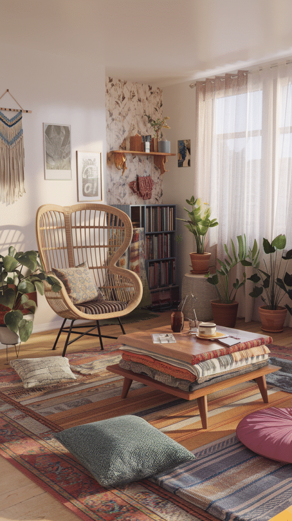 Boho style apartment reflecting a relaxed, collected philosophy