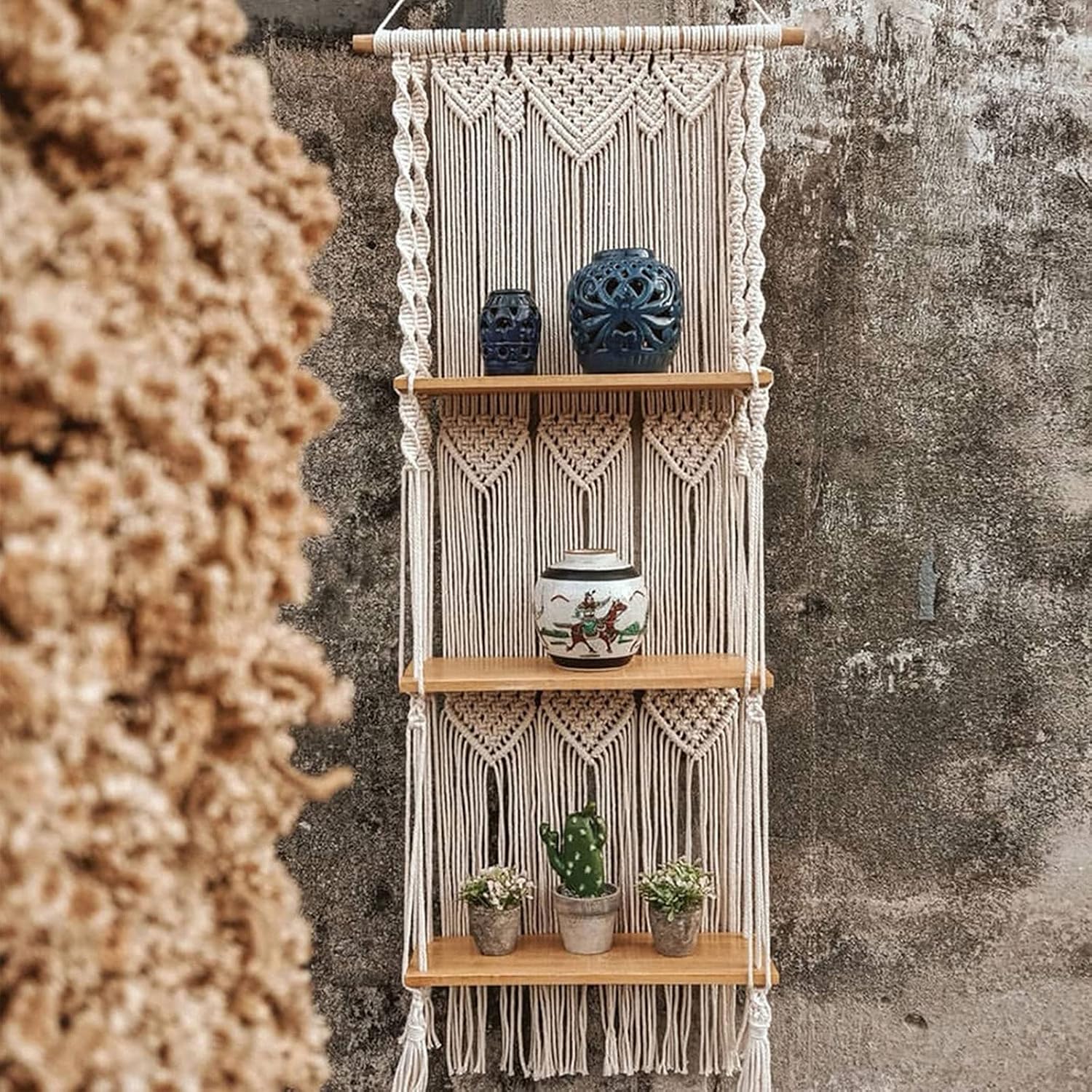 ELASAD 3-Tier Macrame Wall Hanging Shelf