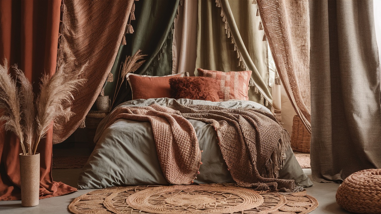 Boho bedroom with draped curtains, layered textiles and a woven rug