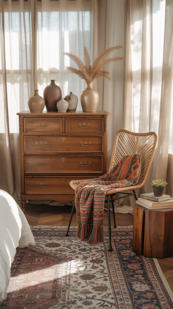 Mismatched vintage and modern furniture in a boho bedroom