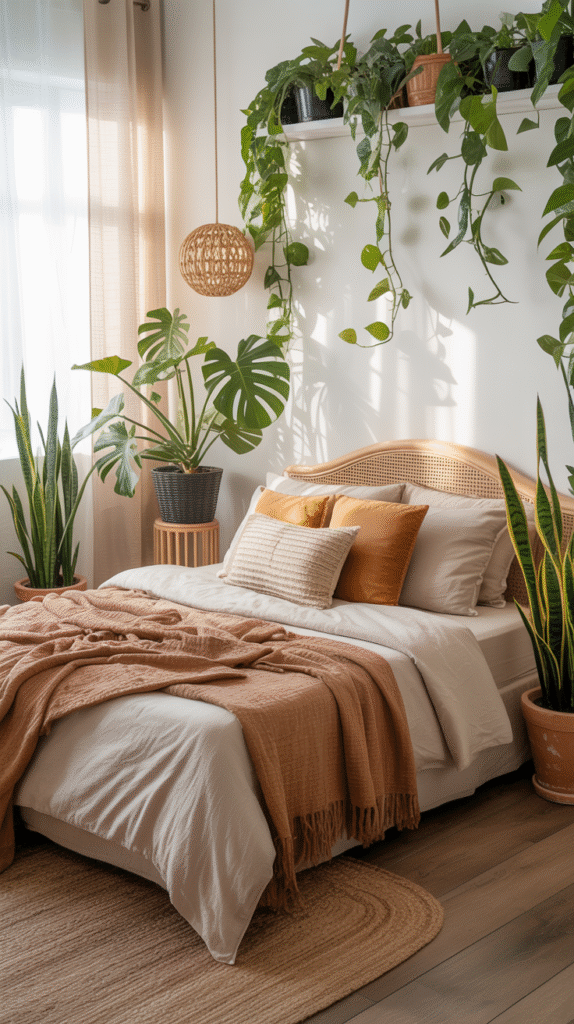 Houseplants styled throughout a boho bedroom