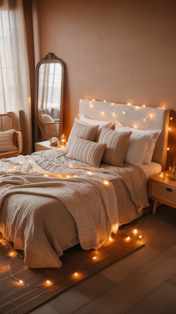 String lights draped across a boho bedroom wall and bed frame