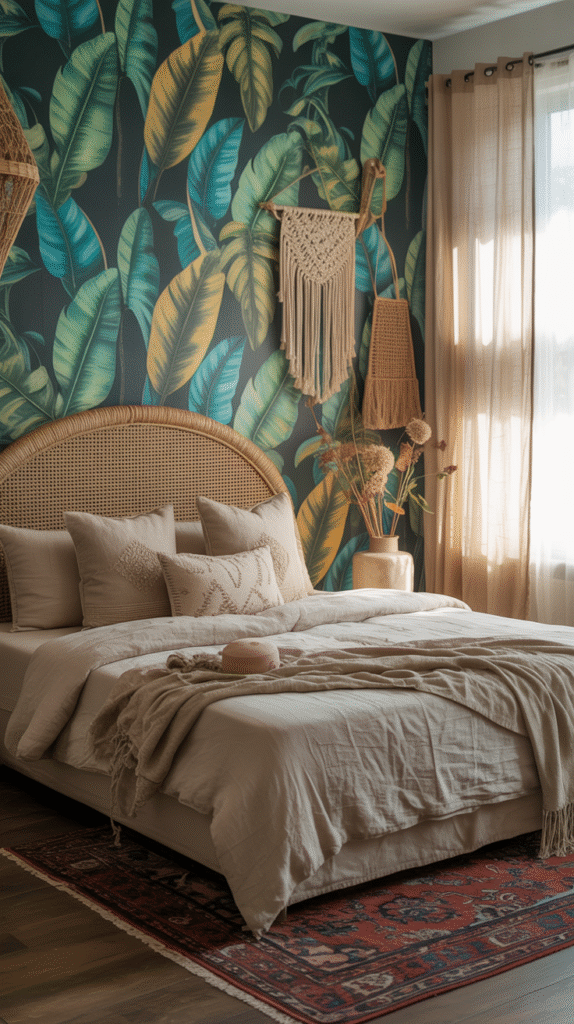 Bold boho wallpaper transforming a bedroom wall