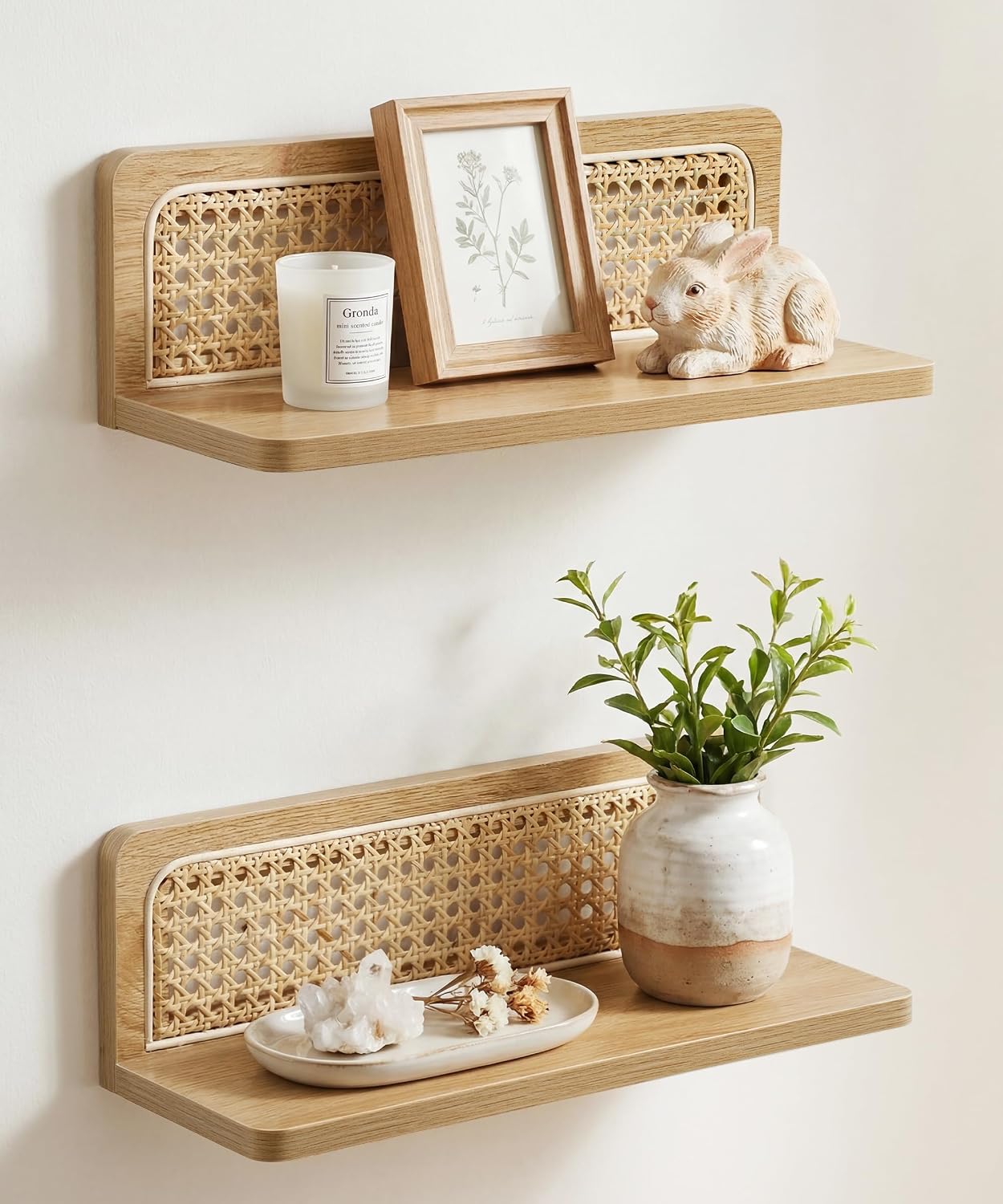 Rattan Boho Floating Wall Shelf, 16 Inch