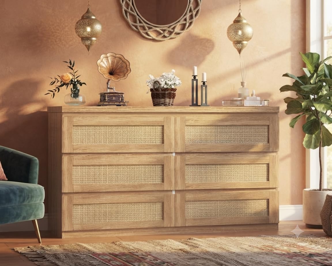 Garvee Slim Rattan 6-Drawer Dresser