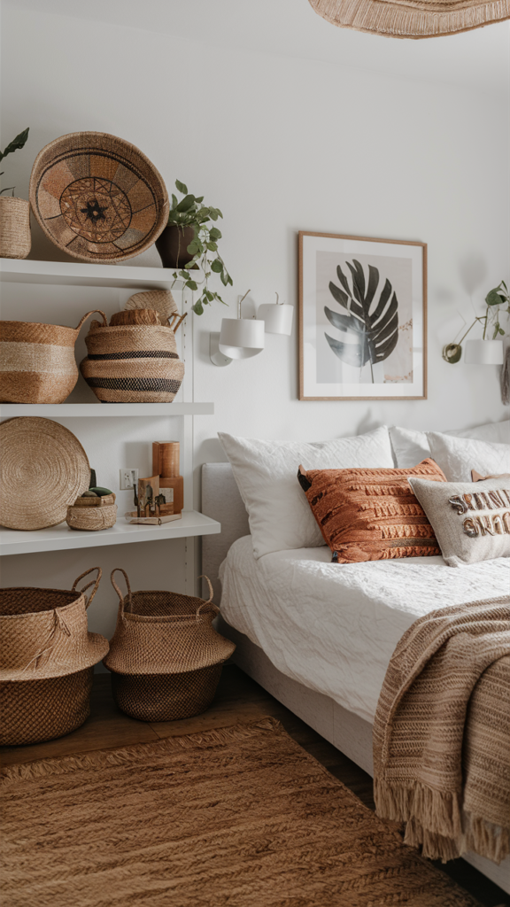 Bohemian bedroom with handwoven storage baskets