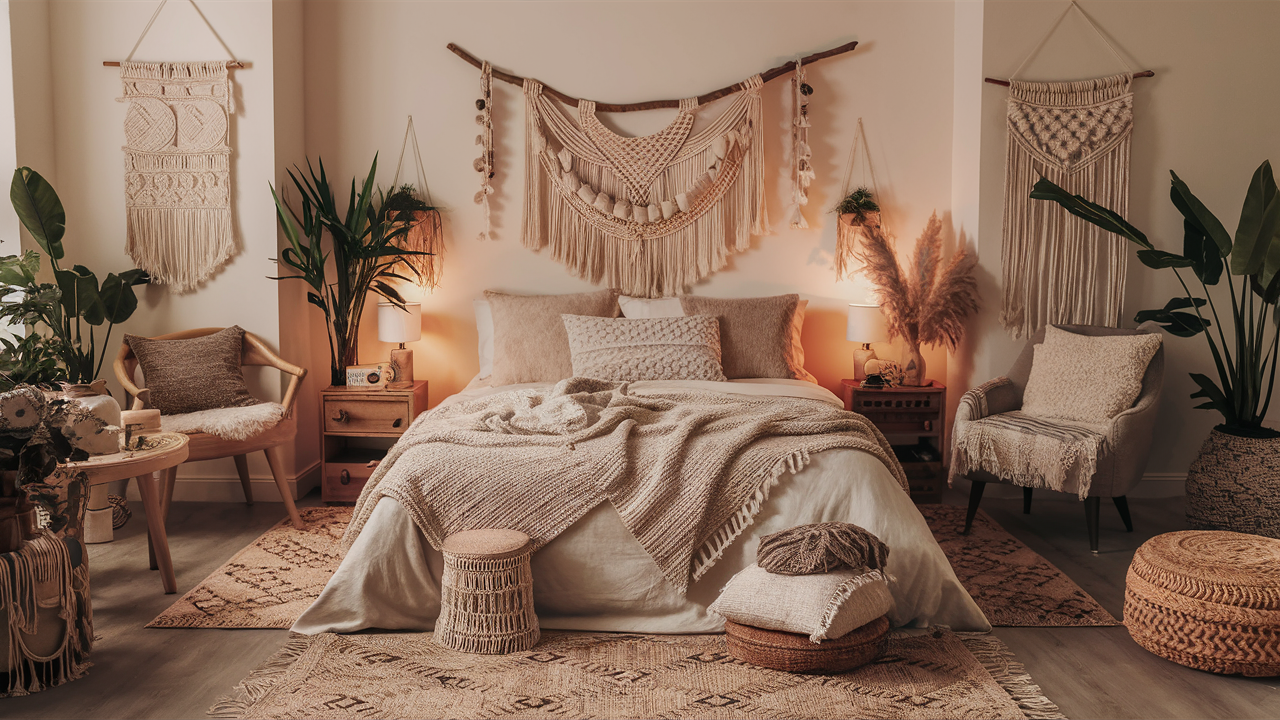 Serene bohemian bedroom exuding comfort and warmth