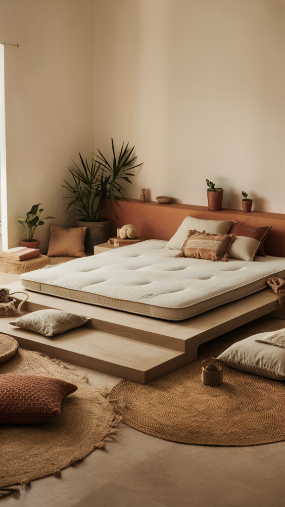 Serene minimalist boho bedroom with low-profile furniture