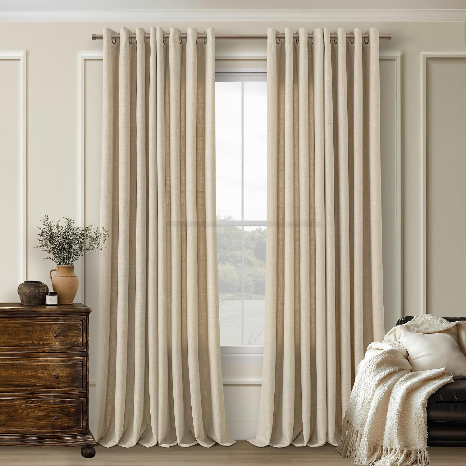 Oatmeal Grommet Linen Curtains, 96 Inch, 2 Panel Set