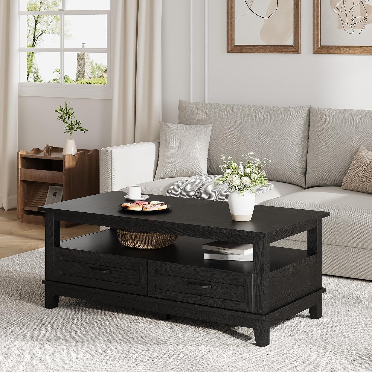 47 Inch Farmhouse Rustic Wood Coffee Table with 2 Storage Drawers