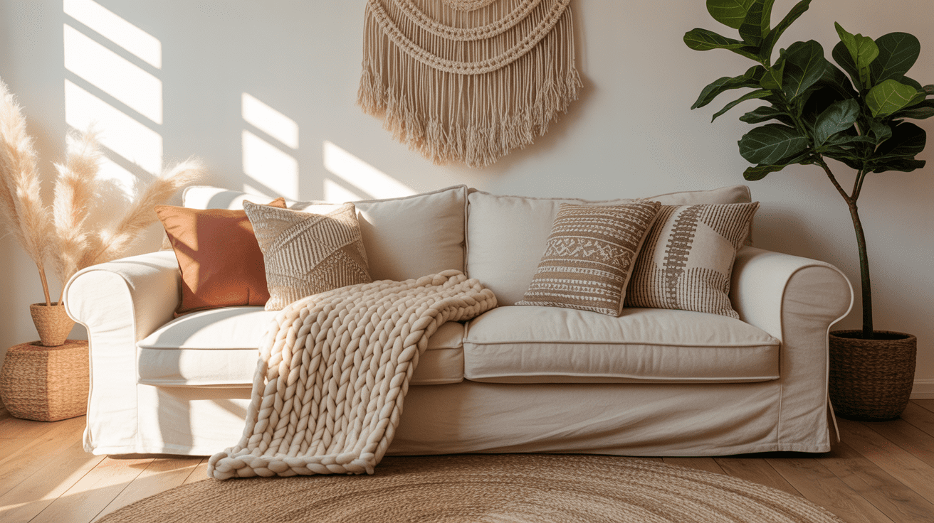 Cozy boho living room with warm, eclectic charm
