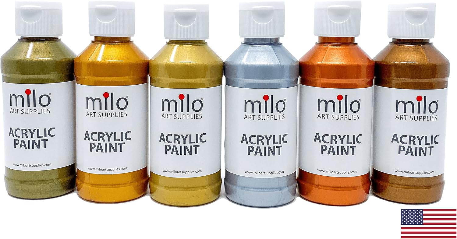 milo Metallic Acrylic Paint Set, 6 Metallic Colors, 4 oz Bottles